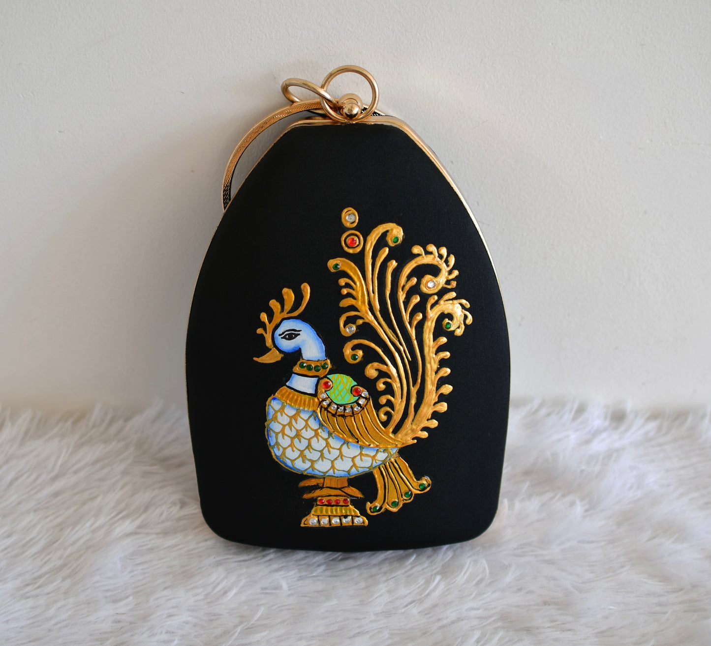 Tanjore painted black silk clutch dj-52652