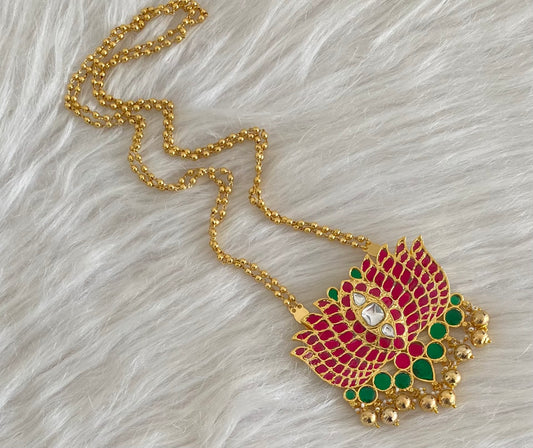 Gold tone pink-green kundan jadau lotus pendant necklace dj-54607