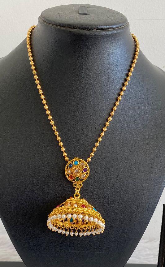 Antique gold tone navarathna jhumkka pendant with ball chain dj-52943