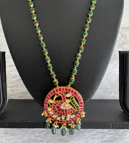 Gold tone pink-green-white kundan jadau pumpkin green peacock beaded necklace dj-51536