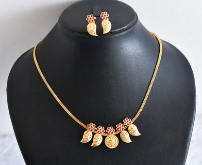 Gold tone pink stone mango lakshmi coin necklace set dj-53043