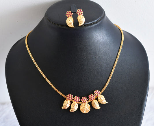 Gold tone pink stone mango lakshmi coin necklace set dj-53043