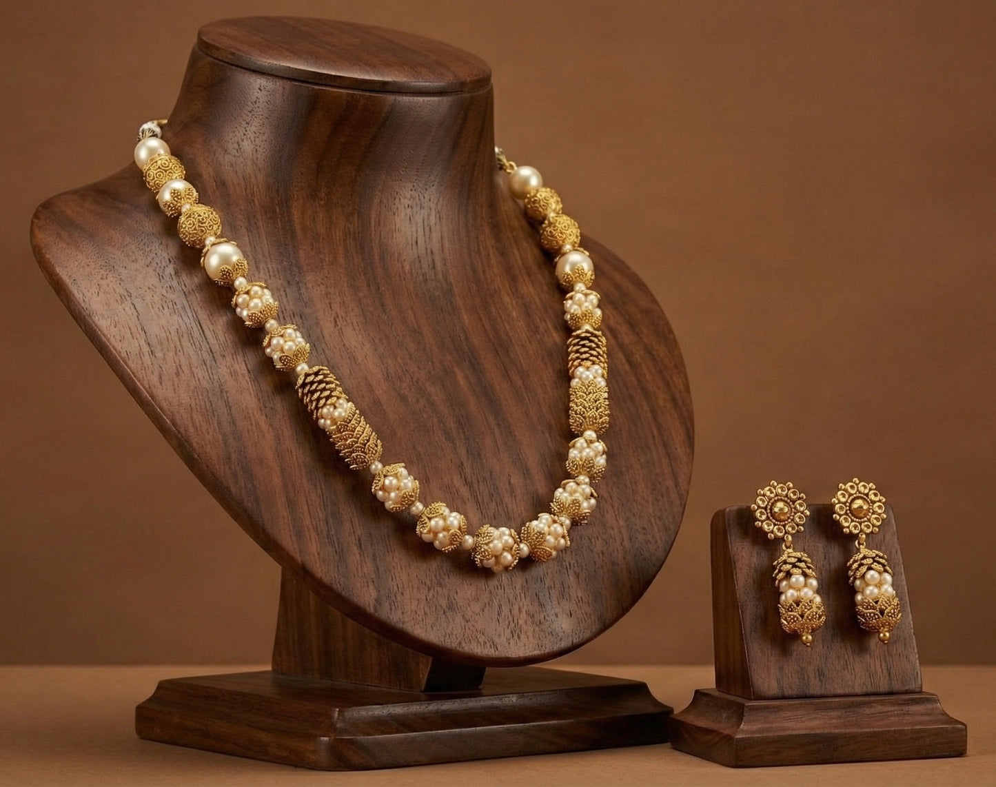 Antique gold tone pearl beaded necklace set-dj07403