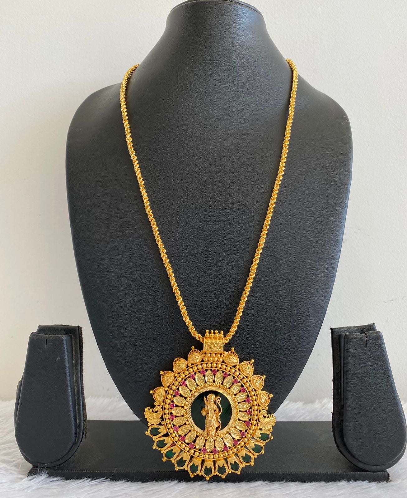 Gold tone pink green Shri Ram nagapadam big pendant with 24 inches chain dj-51689