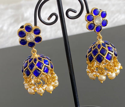 Gold tone blue-white stone kundan jadau jhumkka dj-53586