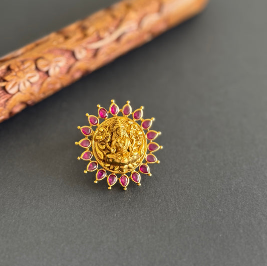 Antique gold tone ruby Lakshmi adjustable finger ring dj-51406