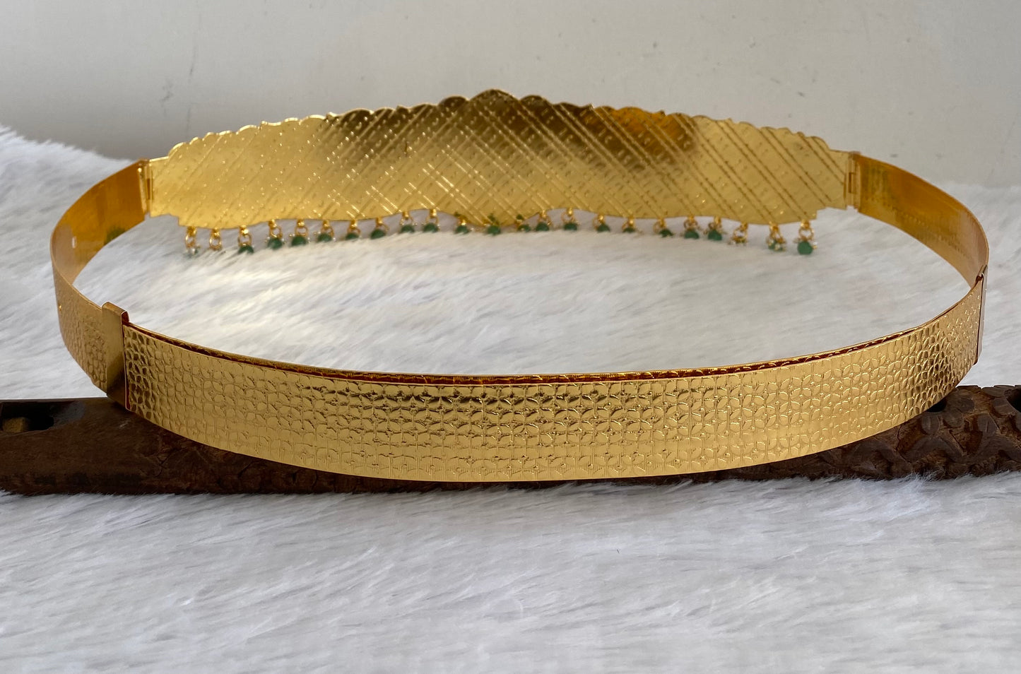 Gold tone white green stone flower design adjustable waist belt dj-53465