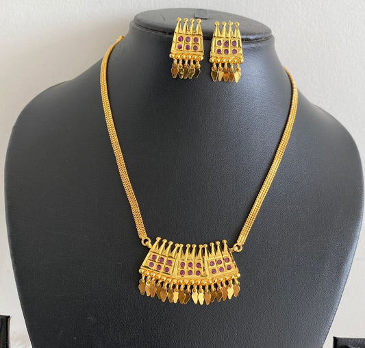 Gold tone kerala style pink stone elakka necklace set dj-54319