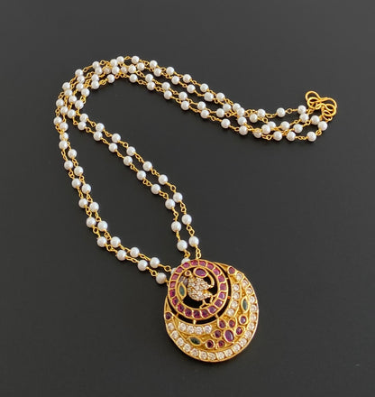 Antique gold tone kemp-green-white peacock flower pearl necklace dj-53699