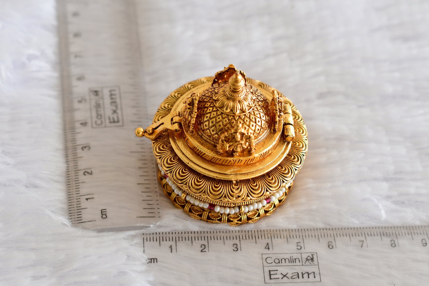 Antique gold tone Shri Krishna temple kumkum box dj-52324
