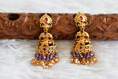 Antique gold tone ruby-green purple beaded elephant jhumkka dj-52161