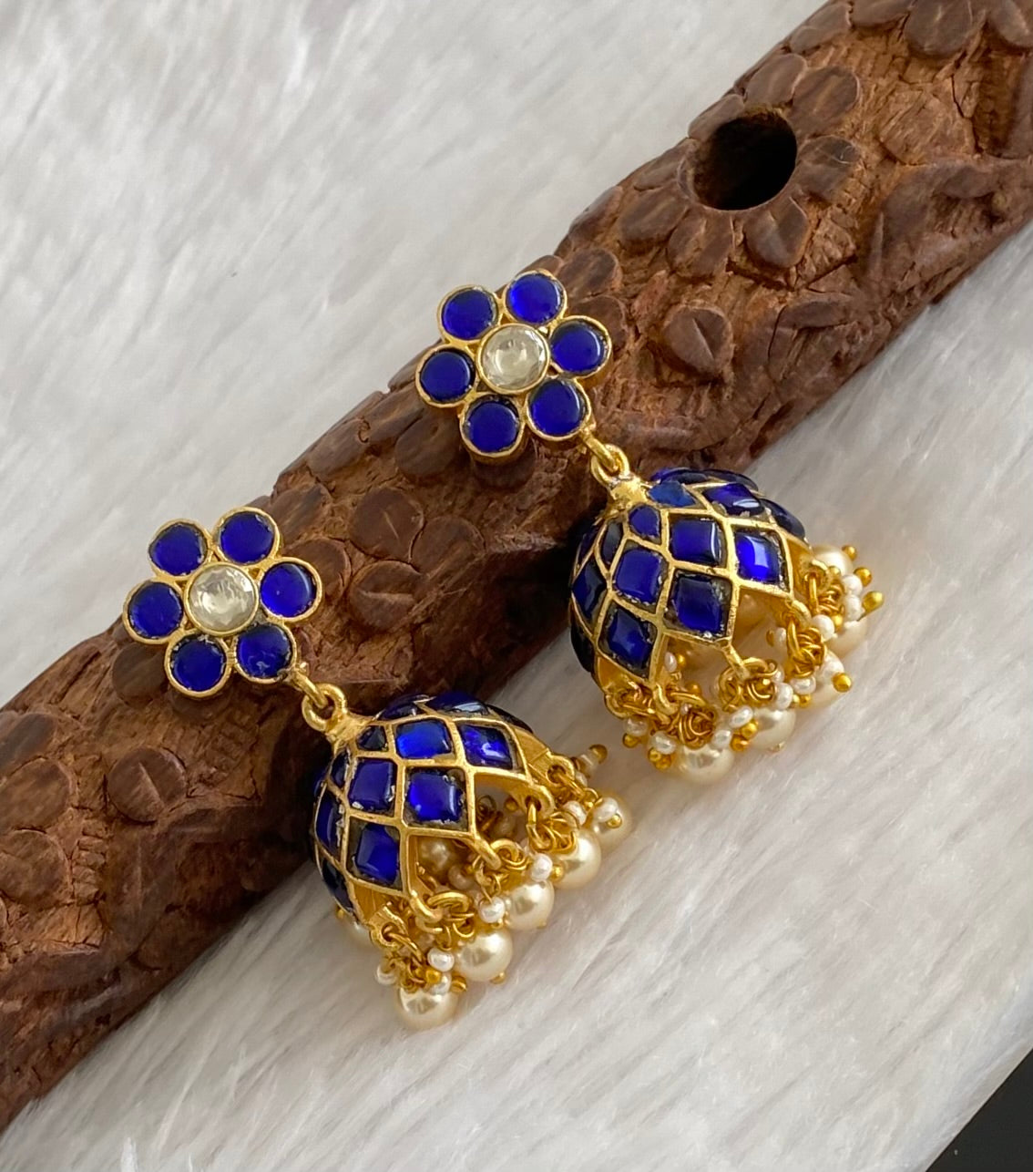 Gold tone blue-white stone kundan jadau jhumkka dj-53586