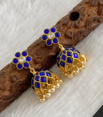 Gold tone blue-white stone kundan jadau jhumkka dj-53586