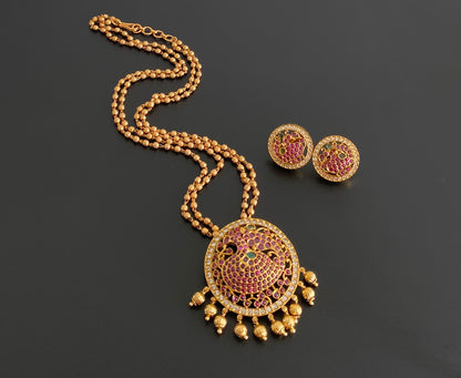 Antique gold tone kemp-green-white peacock chain with pendant set dj-54257
