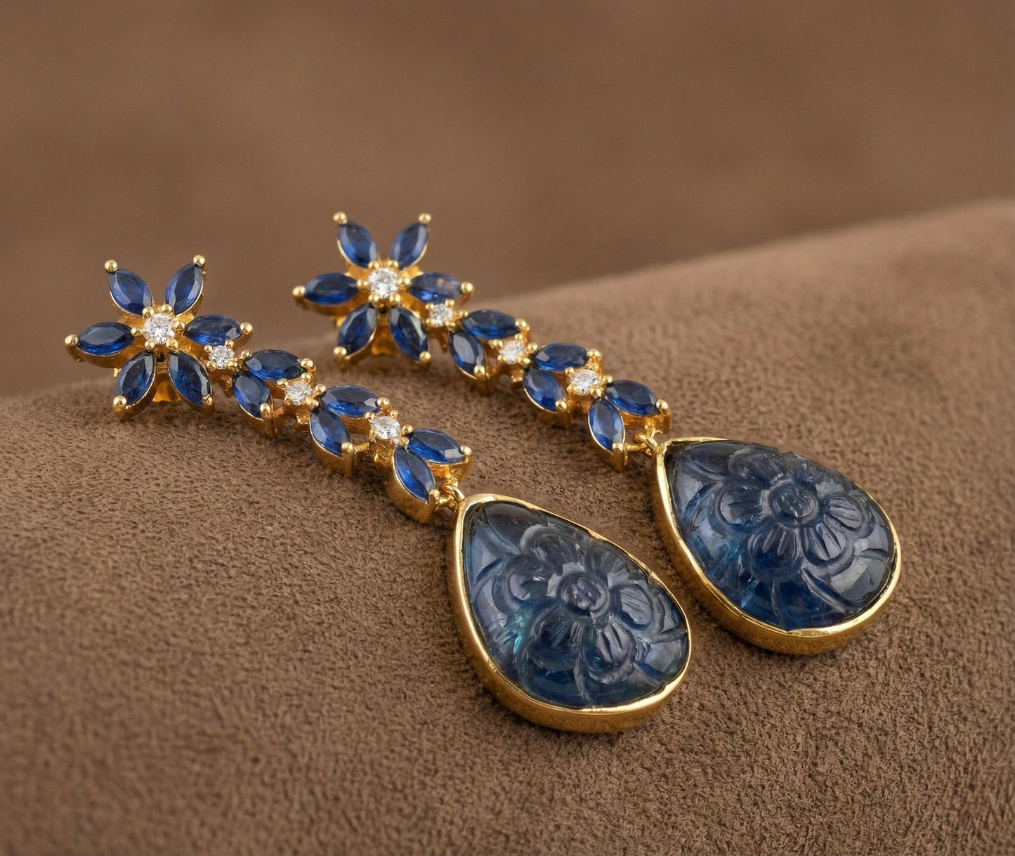Gold tone blue carved stone earrings-dj52588