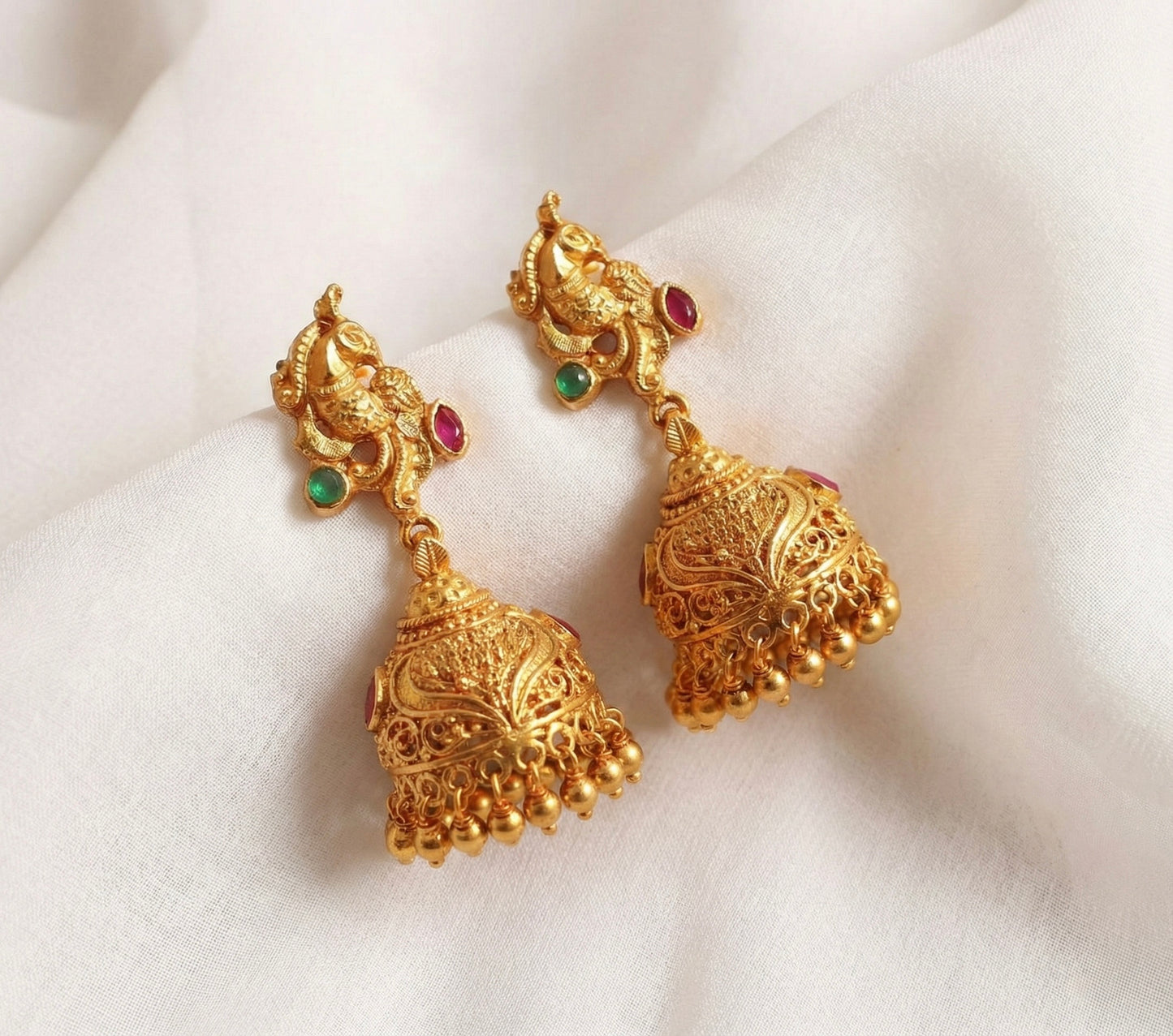 Matte Finish Ruby-green Peacock Jhumkka DJ18079