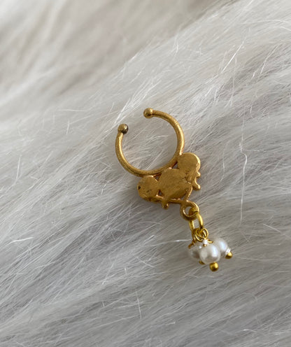 Gold tone kundan jadau pink-green stone pearl nose pin/bulakku dj-53790