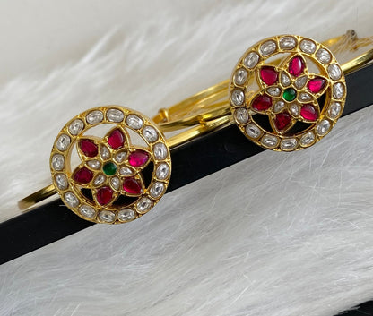 Gold tone kundan jadau kemp-green-white round flower baju band dj-53839