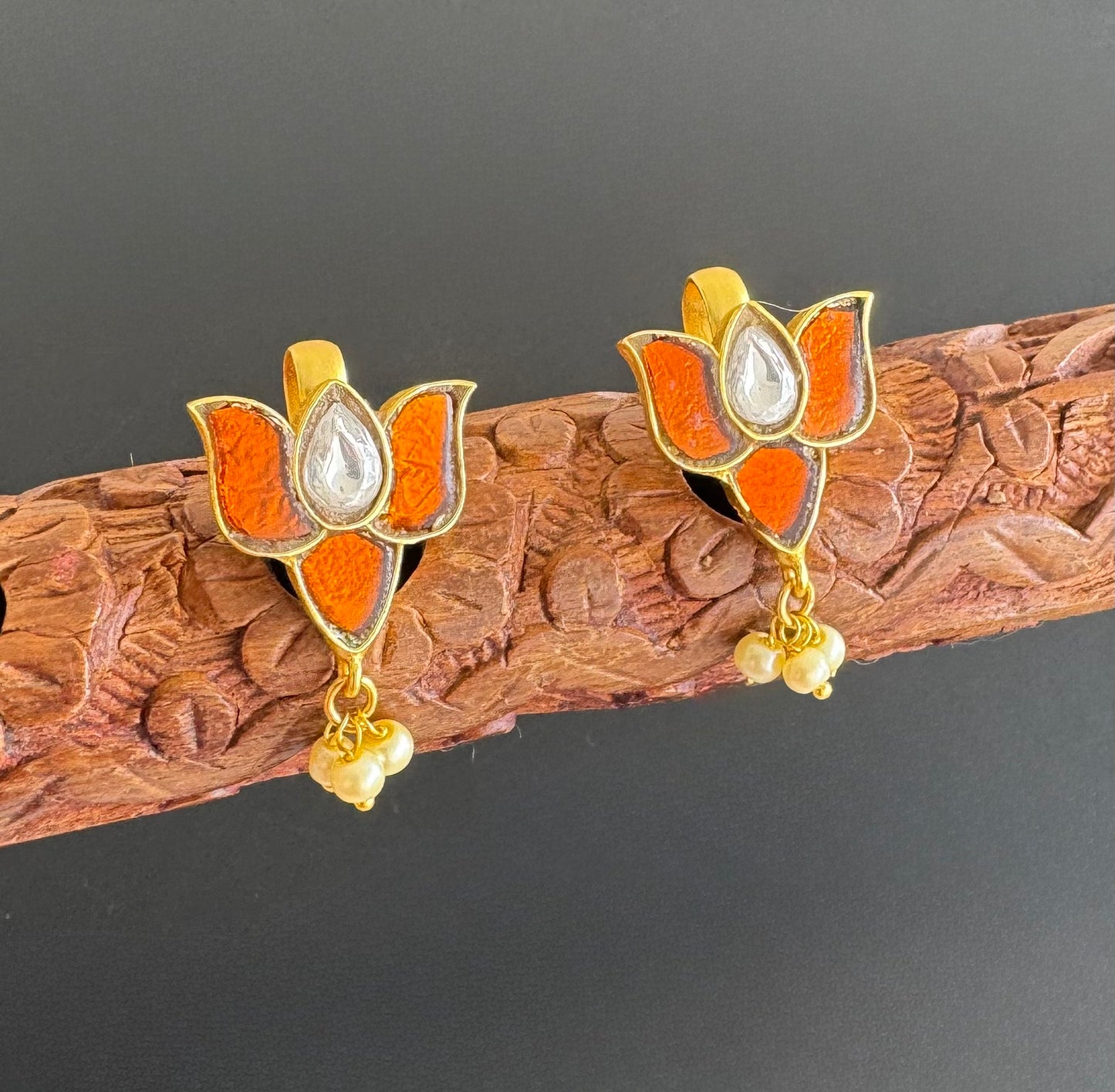 Gold tone brown kundan jadau lotus bugadi earrings dj-51157