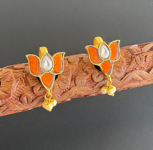 Gold tone brown kundan jadau lotus bugadi earrings dj-51157