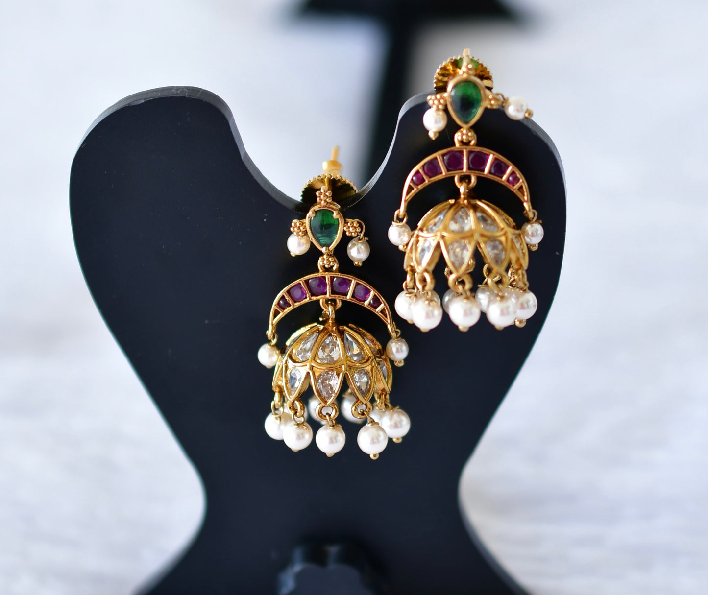 Antique gold tone kemp-green pearl jhumkka dj-51936