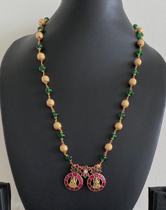 Antique gold tone kemp-green lakshmi kunan jadau beaded mala/short haar dj-54696