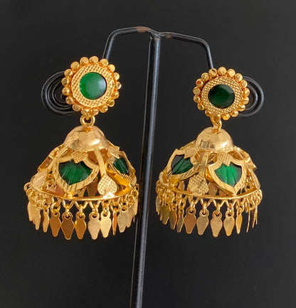 Gold tone elakka kerala style green 4 petals of palakka jhumkka dj-53921