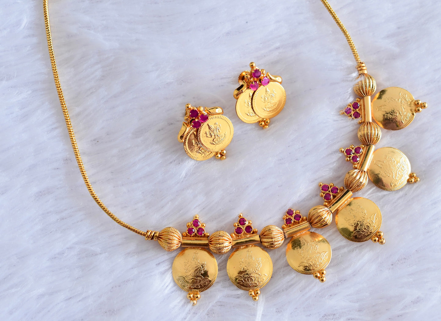 Gold tone pink stone lakshmi coin necklace set dj-53053