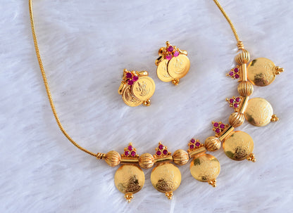 Gold tone pink stone lakshmi coin necklace set dj-53053