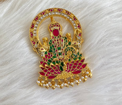 Gold tone pink-green-white kundan jadau gajalakshmi pendant dj-49692
