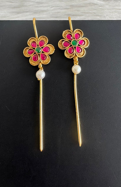 Gold tone pink-green kundan jadau flower bugadi earrings dj-51144