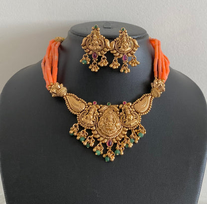 Antique gold tone coral lakshmi nakshi beaded necklace set dj-54966