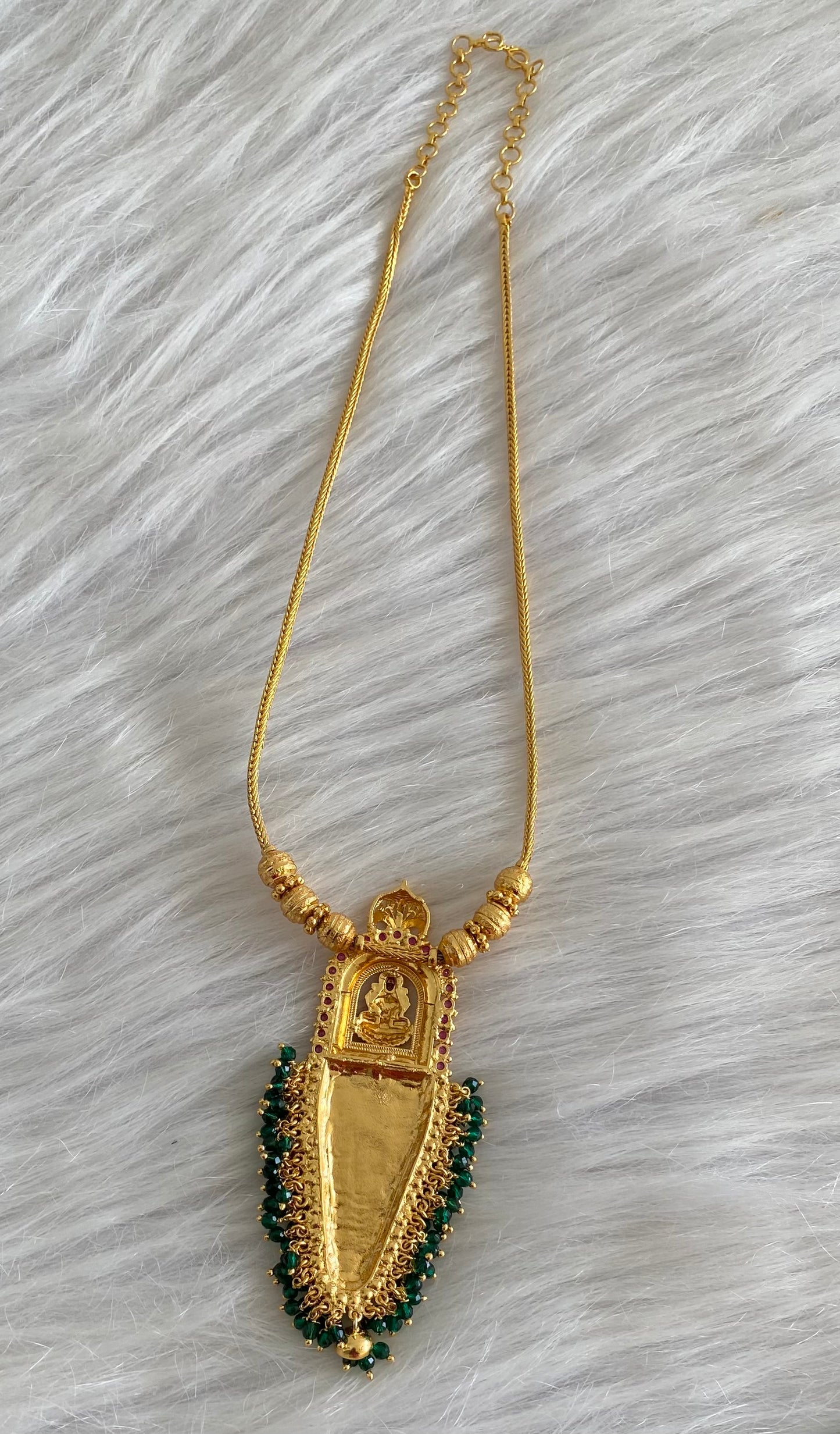 Gold tone kerala style pink stone green beaded nettipattam lakshmi necklace dj-54129