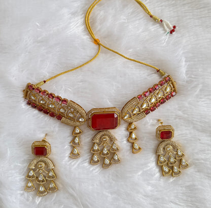 Antique gold tone cz kundan red choker necklace set dj-51075