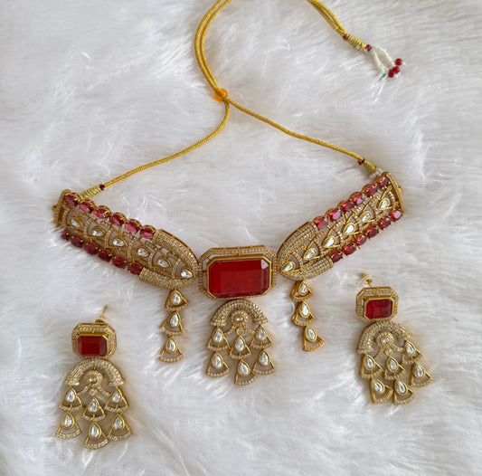Antique gold tone cz kundan red choker necklace set dj-51075
