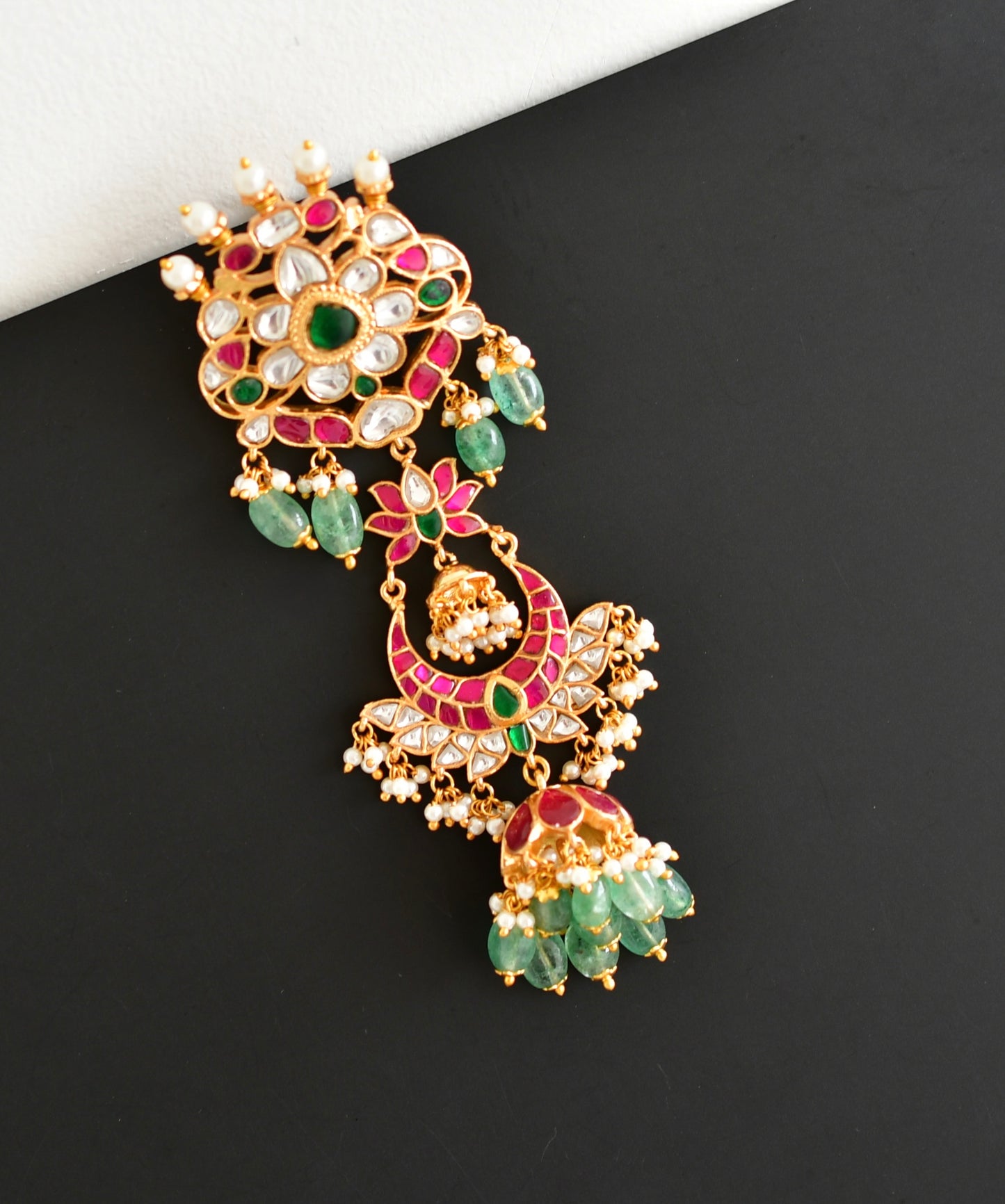 Gold tone pink-green kundan jadau lotus hair jewel dj-52376