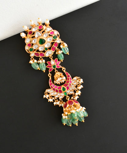 Gold tone pink-green kundan jadau lotus hair jewel dj-52376