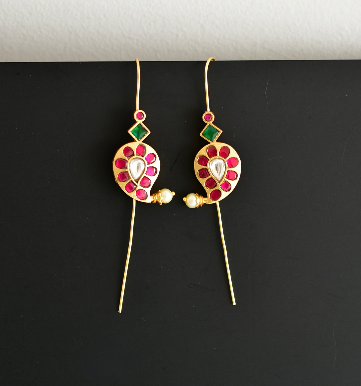 Gold tone pink-green-white kundan jadau mango bugadi needle earrings dj-52462