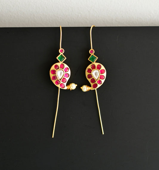 Gold tone pink-green-white kundan jadau mango bugadi needle earrings dj-52462