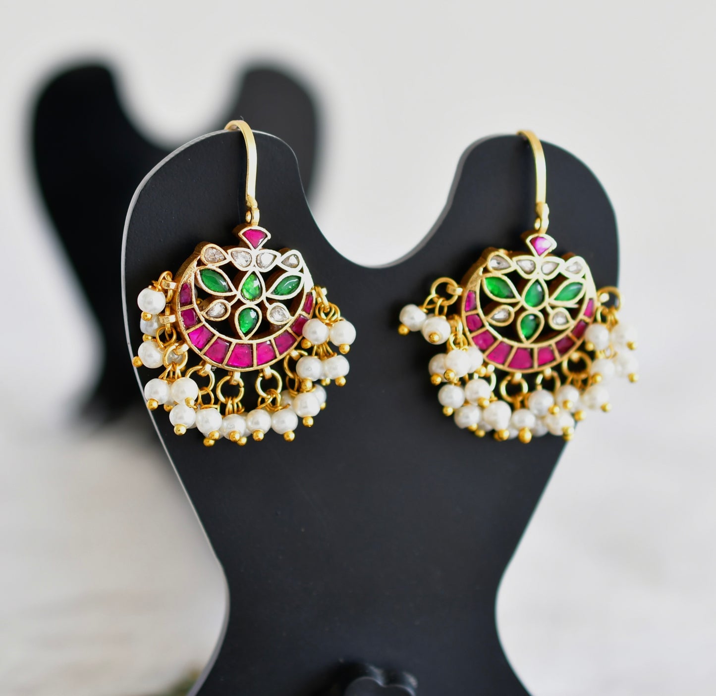 Gold tone pink-green-white kundan jadau bali bugadi earrings dj-52474