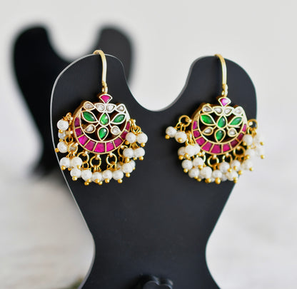 Gold tone pink-green-white kundan jadau bali bugadi earrings dj-52474