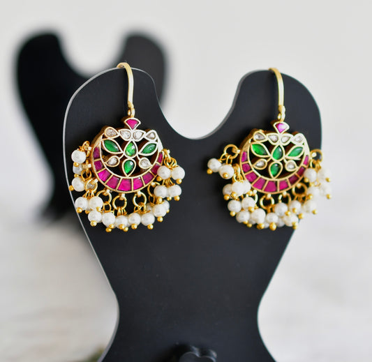 Gold tone pink-green-white kundan jadau bali bugadi earrings dj-52474
