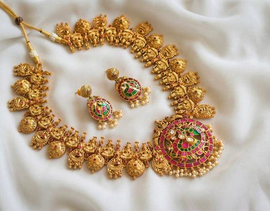 Antique gold tone pink-green-white kundan jadau Lakshmi-swan necklace dj-36580