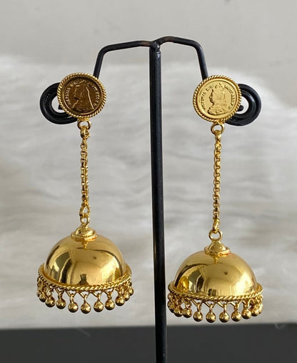 Gold tone kerala style head coin long jhumkka dj-54301