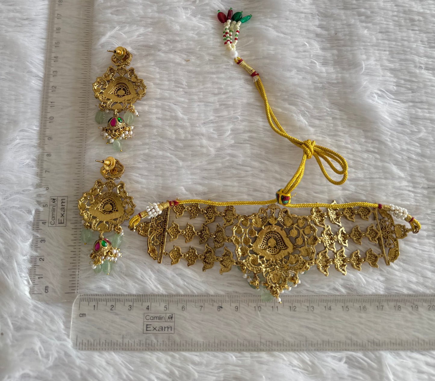 Antique gold tone cz pink-green kundan jadau choker necklace set dj-51560