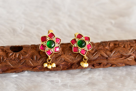 Gold tone pink-green-white kundan jadau flower bugadi earrings dj-52481