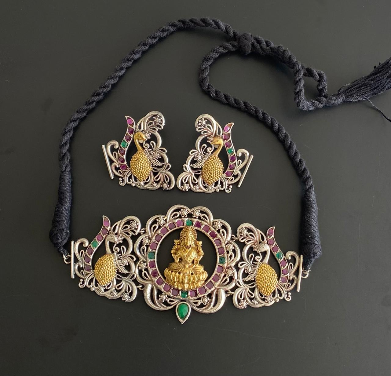 Two Tone Ruby Lakshmi Peacock Choker Necklace Set DJ31645