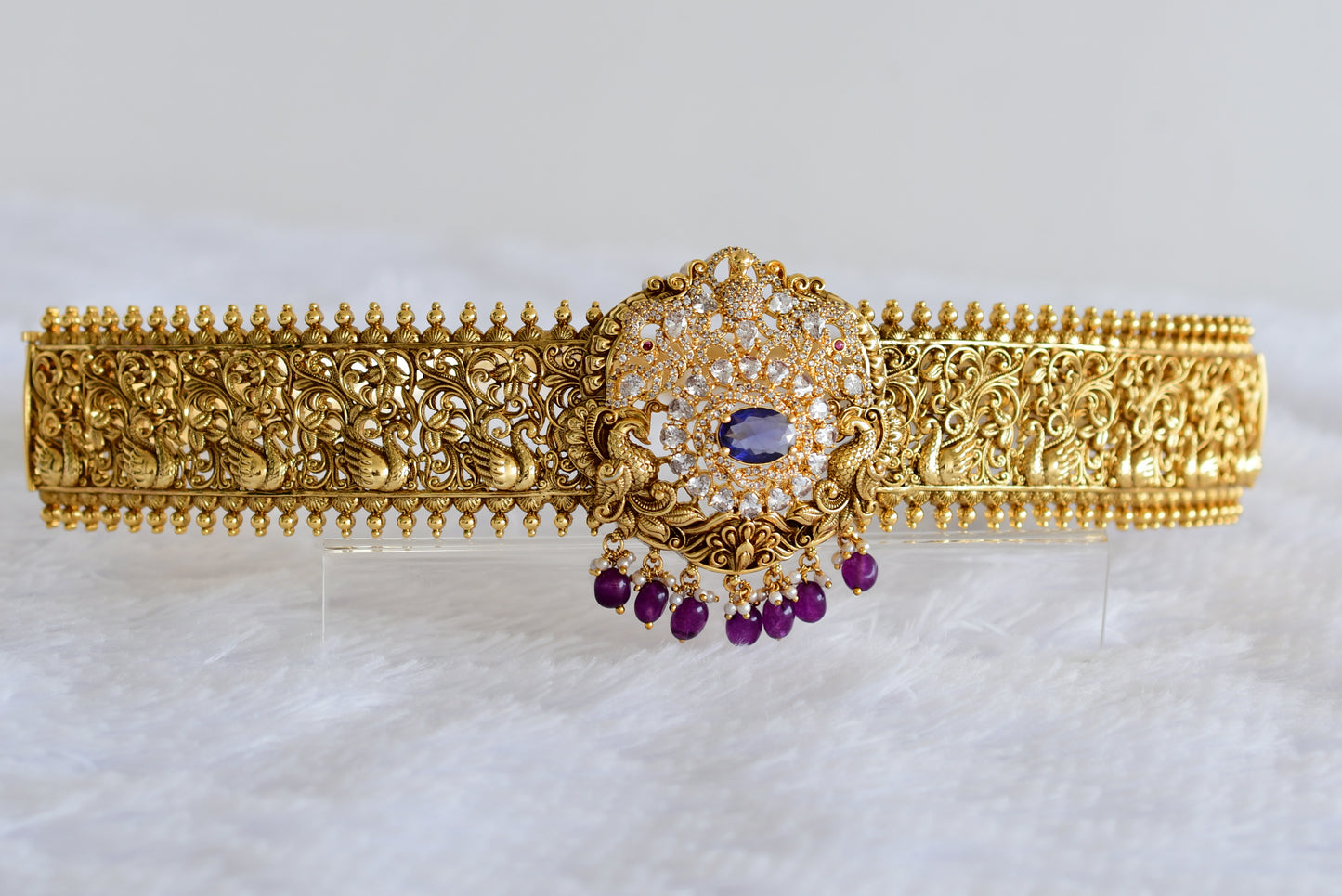 Antique gold tone purple-white stone peacock waist band dj-52195