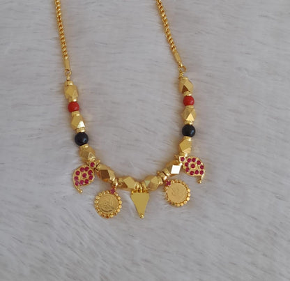 Gold tone 24 inches rope chain with coral-black bead pink stone mango lakshmi coin elakka thali mangalyam dj-50466