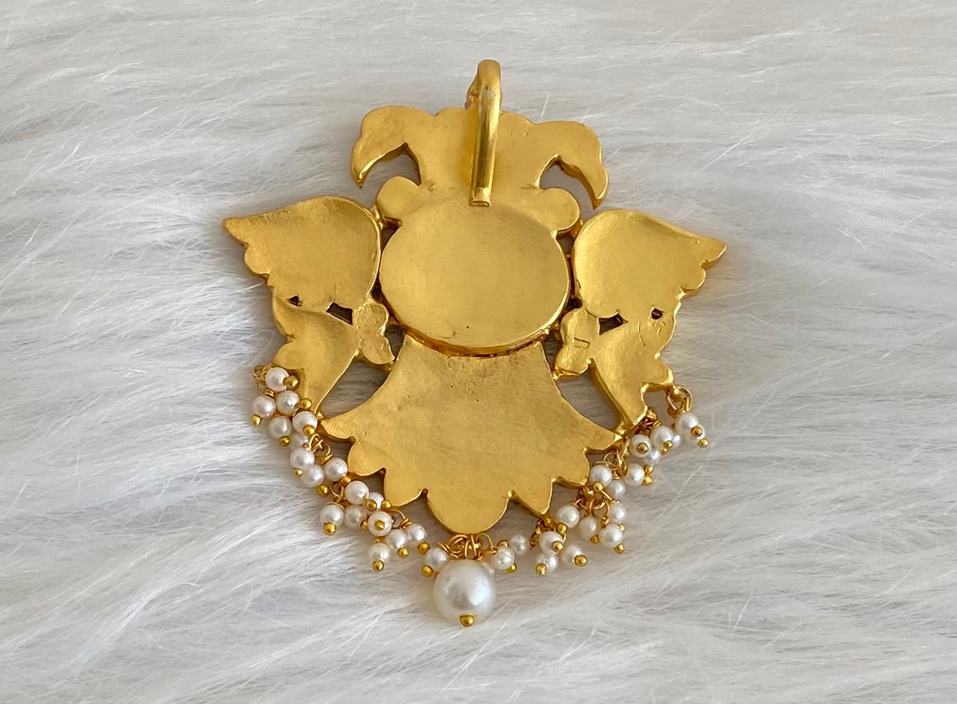 Gold tone blue-green-white pearl kundan jadau ganda berunda pendant dj-54557